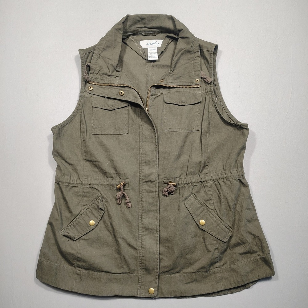 Sebby Utility Vest Womens XXL Drawstring Waist Multi-pocket Olive Green Solid